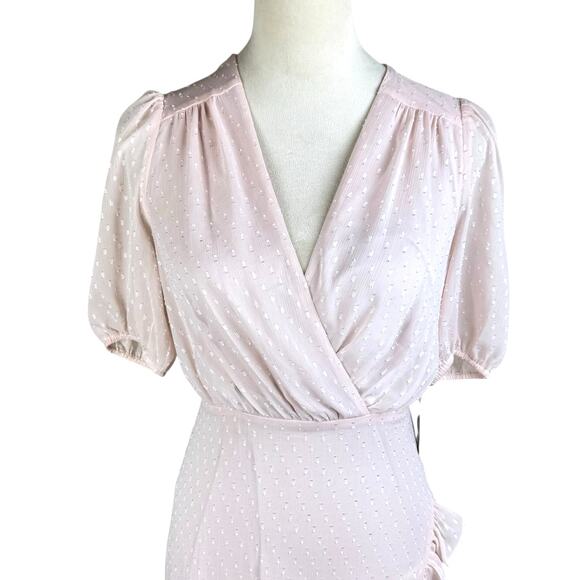Express NWT Blush Pink Swiss Dot Puff Sleeve Asymmetrical Ruffle Mini Dress - Picture 7 of 12